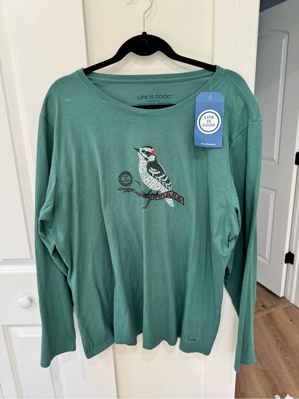 Life Is Good Women's Green Long Sleeve Tee with Woodpecker Graphic
